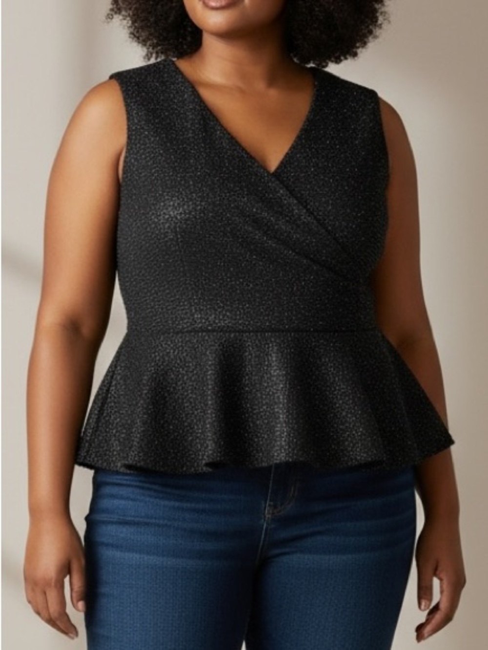 Tahari Sleeveless Peplum V-Neck Top Black